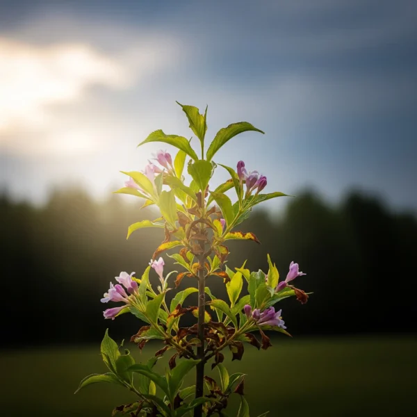 A Weigela shrub showing signs of transplant shock like wilting leaves, with a hopeful ray of light suggesting recovery is possible.