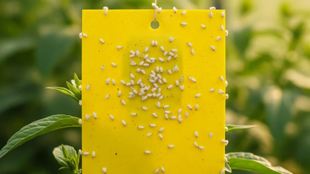  A yellow sticky trap effectively capturing numerous adult whiteflies, used for monitoring and control.