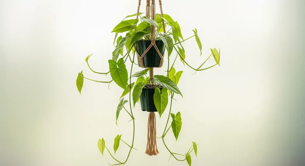 A detailed image of an Arrowhead Vine in a macrame hanger, showing its long vines and two-tiered appearance.