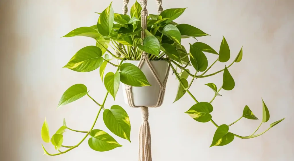 A detailed image of a Golden Pothos in a macrame hanger, showcasing its trailing vines and golden variegation.
