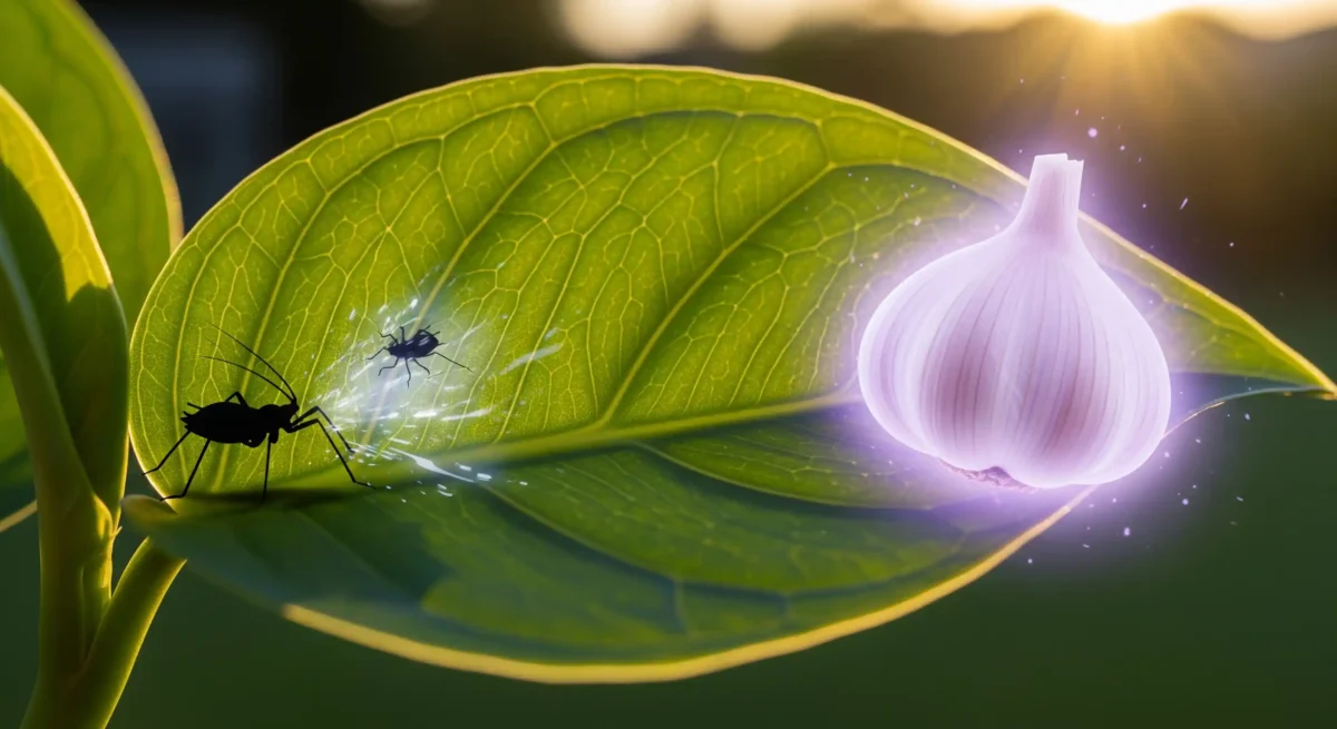 A digital illustration shows a vibrant green leaf with prominent veins, illuminated from behind by a bright, hazy light suggesting sunlight. On the underside of the leaf, near the left edge, is a dark silhouette of an insect, possibly an aphid, with visible antennae and legs. Another smaller, similarly silhouetted insect is positioned slightly to the right and closer to the center of the leaf. A shimmering, translucent substance, appearing like a spray or mist, emanates from the larger insect towards the smaller one. To the right of the leaf, a softly glowing bulb of garlic is suspended in mid-air, surrounded by a faint purple aura or light. The background is blurred, suggesting a natural, outdoor setting with indistinct green and yellow hues. The overall lighting emphasizes the leaf and the glowing garlic, creating a contrast between the dark insects and the brighter elements explaining how to make garlic spray to fight pests.