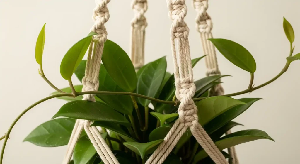 An image of a Hoya Curtisii in a macrame hanger, with its stems clinging to the macrame ropes.