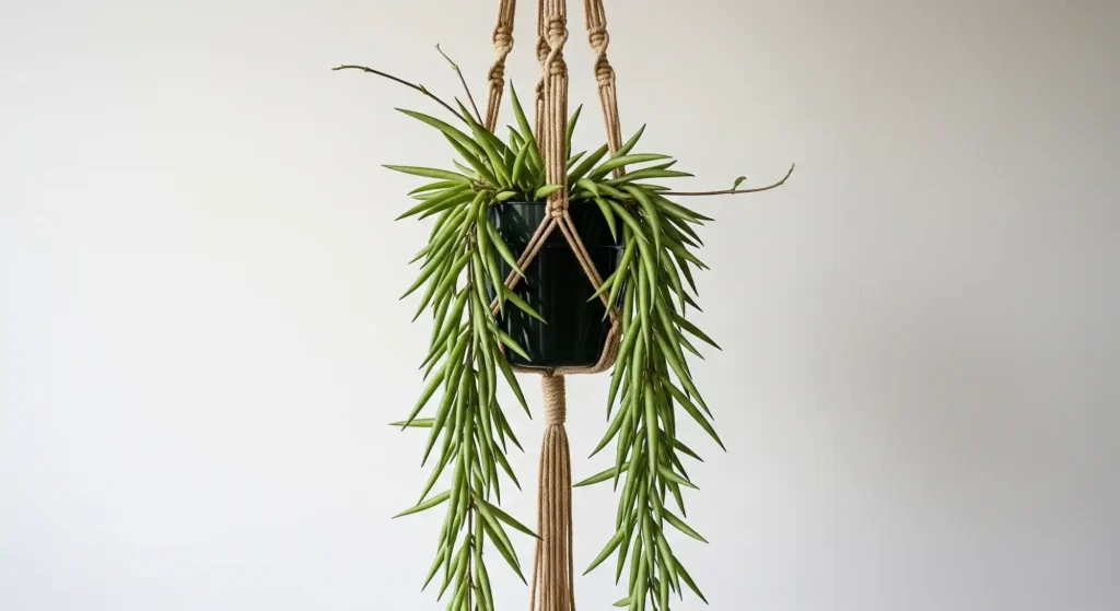 An image of a Hoya Linearis in a macrame hanger, showcasing its gentle, curtain-like look.