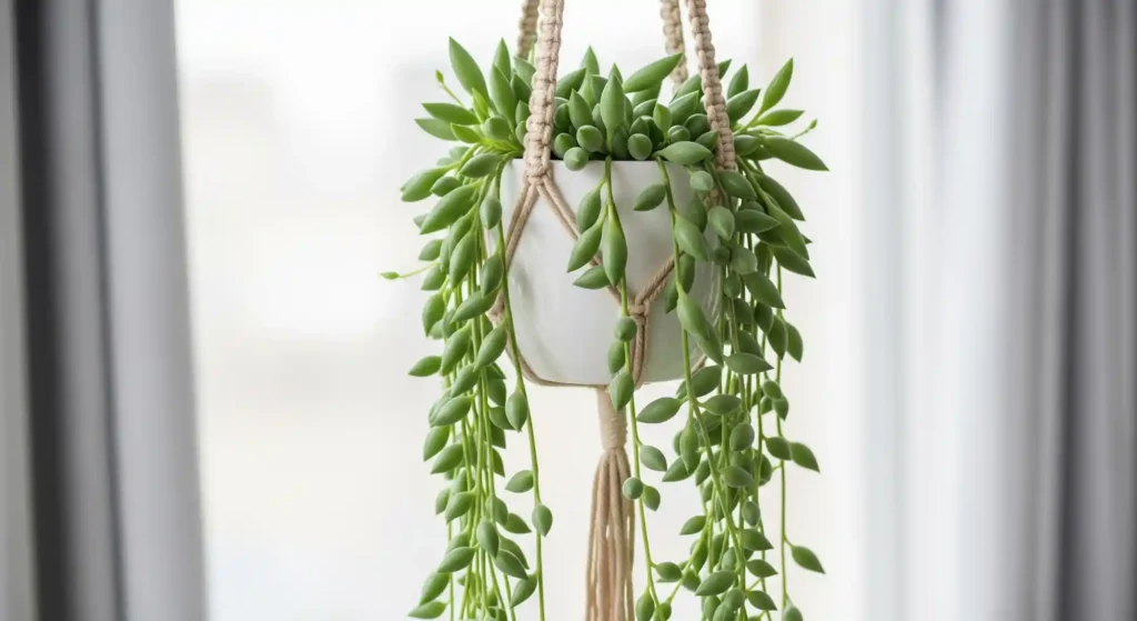An image of a String of Bananas in a macrame hanger, showing its faster growth and easy care.