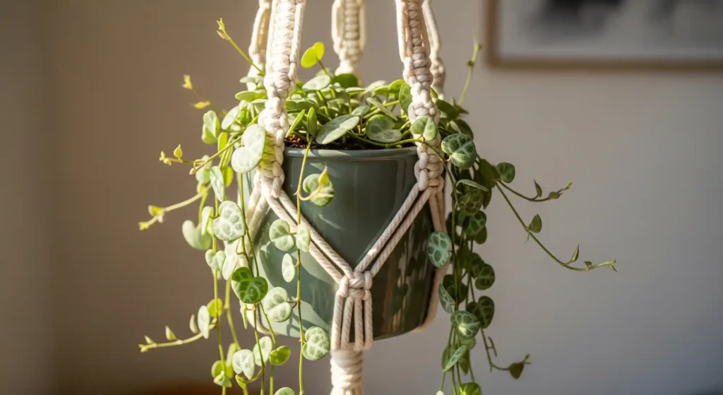 A captivating image of a String of Hearts in a macrame hanger, showcasing its delicate and attractive appearance.