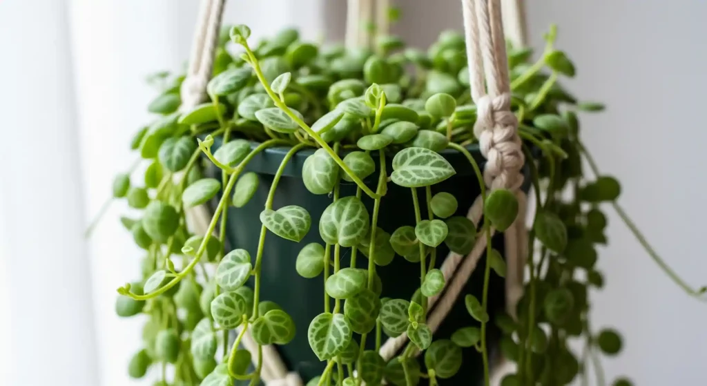 A detailed close-up of a String of Turtles in a macrame hanger, emphasizing its unusual, finely drawn foliage.
