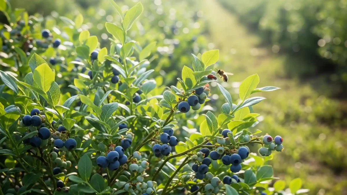A tranquil and vibrant image of a sun-drenched blueberry field on a warm summer day, evoking a sense of peaceful delight. Rows of lush green blueberry bushes are abundant with dark, plump, blue-purple berries, and a lone bee is visible near a berry. Dappled sunlight filters through the leaves, hinting at the ideal conditions for a successful harvest. This visual represents the vast and beautiful blueberry picking season.
