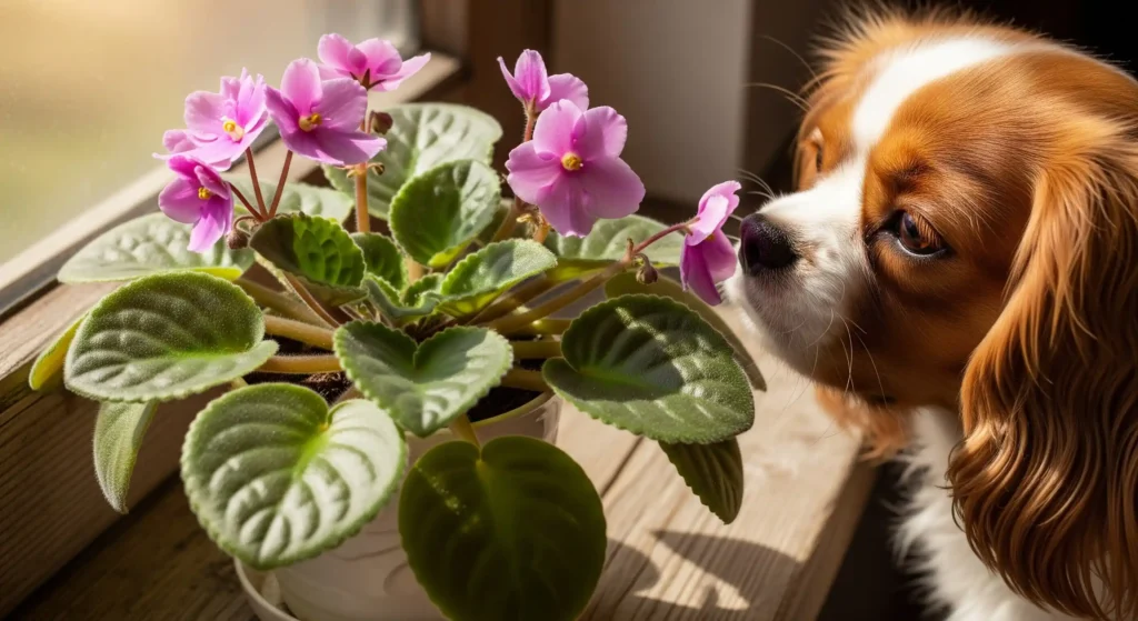 Your Ultimate Guide to the Best Pet-Friendly (Non-Toxic) Houseplants: Pawsitively Green & Perfectly Safe! 4 A close-up shot captures a potted African violet plant with vibrant pink-purple flowers and fuzzy, dark green leaves with lighter green veins. The plant is situated on a light-colored wooden surface, likely a windowsill, given the presence of a window frame subtly visible in the upper left corner and diffused sunlight illuminating the scene. The flowers have a simple, five-petal structure with a yellow center. Some flowers are fully open, while others are still budding. The leaves are heart-shaped and have a slightly textured surface. To the right of the plant, partially in the frame and out of focus, is a Cavalier King Charles Spaniel. The dog has brown and white fur, with long, floppy brown ears and a white blaze down its face. Its dark eyes are visible, and its nose is close to one of the African violet flowers, as if sniffing it. The background is softly blurred, suggesting the scene is indoors with natural light filtering in from the side. The overall lighting is warm and gentle, highlighting the colors of the plant and the dog's fur. The pot holding the African violet is white with subtle vertical ridges. The wooden surface has visible grain and appears to be composed of planks running horizontally.