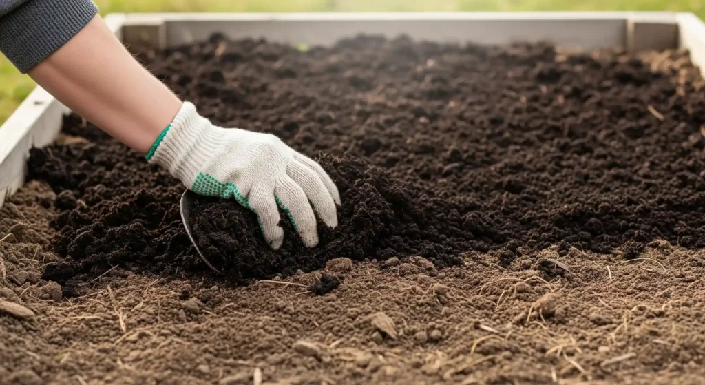 Your Tomato Season Isn't Over: 7 Smart Things to Do With End-of-Season Plants 3 A close-up shot depicts a gloved hand sifting through dark brown soil in a raised garden bed. The hand, wearing a white knit glove with green rubberized dots on the palm and fingertips and a green trim at the wrist, is partially visible from the mid-forearm down. The visible arm has a fair skin tone and is wearing a grey long-sleeved garment. The fingers of the gloved hand are spread as they move through the rich, dark soil. Some loose, lighter brown soil and dry plant matter are visible at the bottom edge of the frame, outside the raised bed. The raised garden bed is constructed of light-colored, unfinished wood planks. The background is softly blurred, suggesting an outdoor setting with muted green tones. The focus remains sharply on the hand interacting with the soil to amend it and compost before winter.