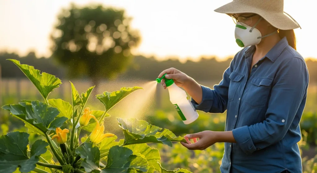 Gardener applying food-grade diatomaceous earth with a duster to zucchini leaves, focusing on undersides for pest control.