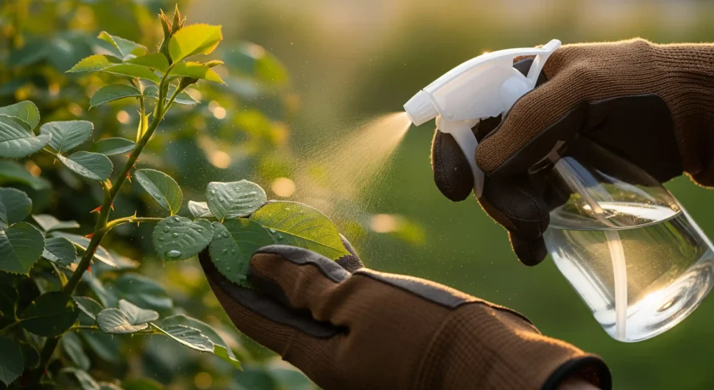 A close-up shot depicts a pair of gloved hands tending to a leafy plant. The hands are wearing brown work gloves with darker brown reinforcements on the palms and fingers. The right hand is holding a clear plastic spray bottle with a white nozzle and trigger. A mist of clear liquid is being sprayed from the nozzle onto the leaves of the plant. The left hand is positioned underneath a cluster of green leaves, some of which already have droplets of water on their surfaces. The plant has several stems and branches with numerous bright green, textured leaves. The background is softly blurred, showing hints of more greenery and a warm, golden light suggesting either sunrise or sunset. The overall lighting highlights the garlic spraying action and the texture of the leaves and gloves.