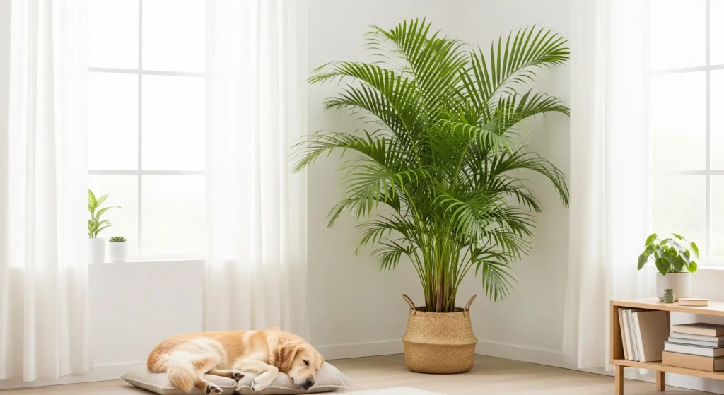 Your Ultimate Guide to the Best Pet-Friendly (Non-Toxic) Houseplants: Pawsitively Green & Perfectly Safe! 3 A golden retriever dog with light golden fur is lying down on a light beige, rectangular pillow on a light-colored wooden floor. The dog is positioned in the lower left corner of the image, facing towards the right. Its head is resting on the pillow, and its front paws are extended in front of it. To the right and slightly behind the dog is a large potted areca palm with multiple green fronds extending upwards and outwards. The plant is situated in a woven, light brown pot. Behind the palm and to the right is a light wooden shelf with two shelves. The top shelf holds a white pot with a green plant and several stacks of white books. The lower shelf is empty. In the background, a window with multiple panes and white frames is covered with sheer white curtains that are partially drawn to the sides. Another smaller potted plant is visible on the windowsill to the left. The walls are painted a light beige color, and natural light illuminates the scene from the windows.