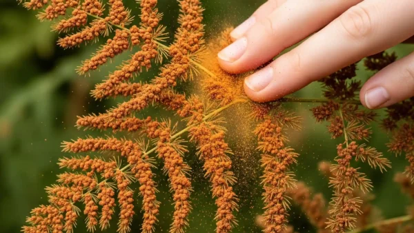 A detailed close-up image showcasing the visible symptoms of Asparagus Rust, a common fungal disease. The asparagus ferns are covered in numerous reddish-brown, dusty pustules, with a human hand gently touching an affected stem, showing the characteristic orange powder transferring to the skin. This visual diagnostic clearly illustrates a severe case of rust infection, emphasizing the importance of identifying specific fungal disease symptoms for timely intervention in the asparagus patch.