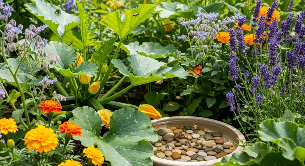 Insufficient Pollination? Get More Zucchini Fruits Using These Pro-Proven Techniques 4 A vibrant garden with zucchini plants, borage, and marigolds designed to attract natural pollinators.