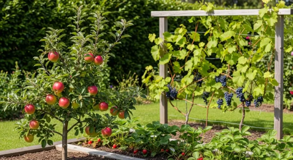 A beautiful backyard orchard with a dwarf apple tree, strawberry patch, and grape vine, illustrating a successful home fruit garden.
