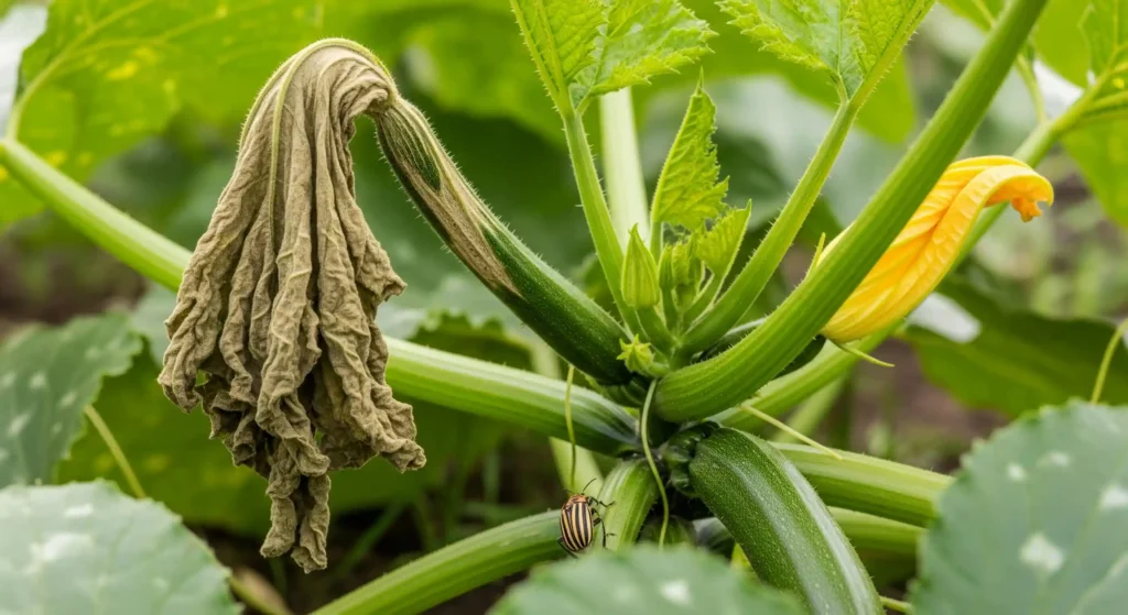 A zucchini plant showing severe wilting, a symptom of bacterial wilt spread by striped cucumber beetles.