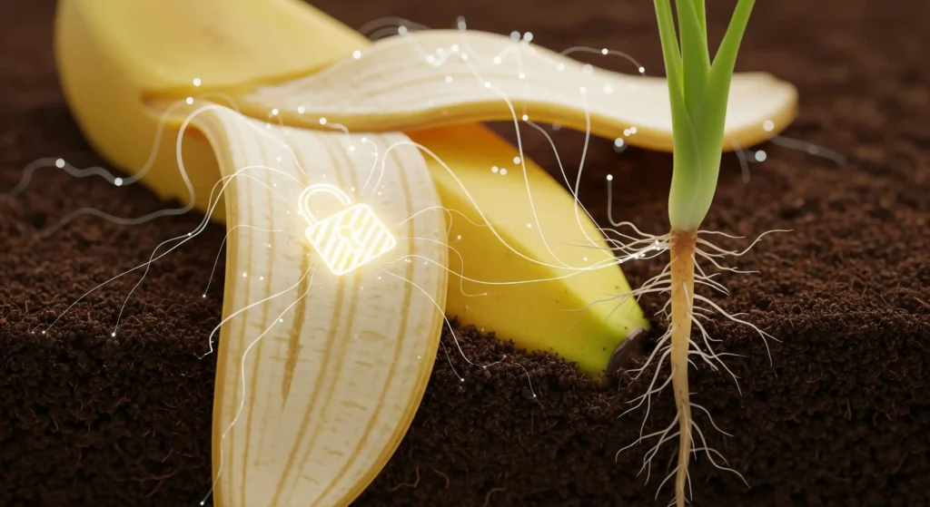 The Real Truth About Banana Peels, Coffee Ground, and Eggshells—Your Garden is Being Lied To. 1 Close-up of a banana peel in soil with glowing microbes, illustrating the slow decomposition and potassium release challenge.