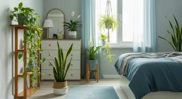 A serene bedroom featuring a variety of air-purifying houseplants like Snake Plant and Pothos, creating a peaceful and healthy sleep space.