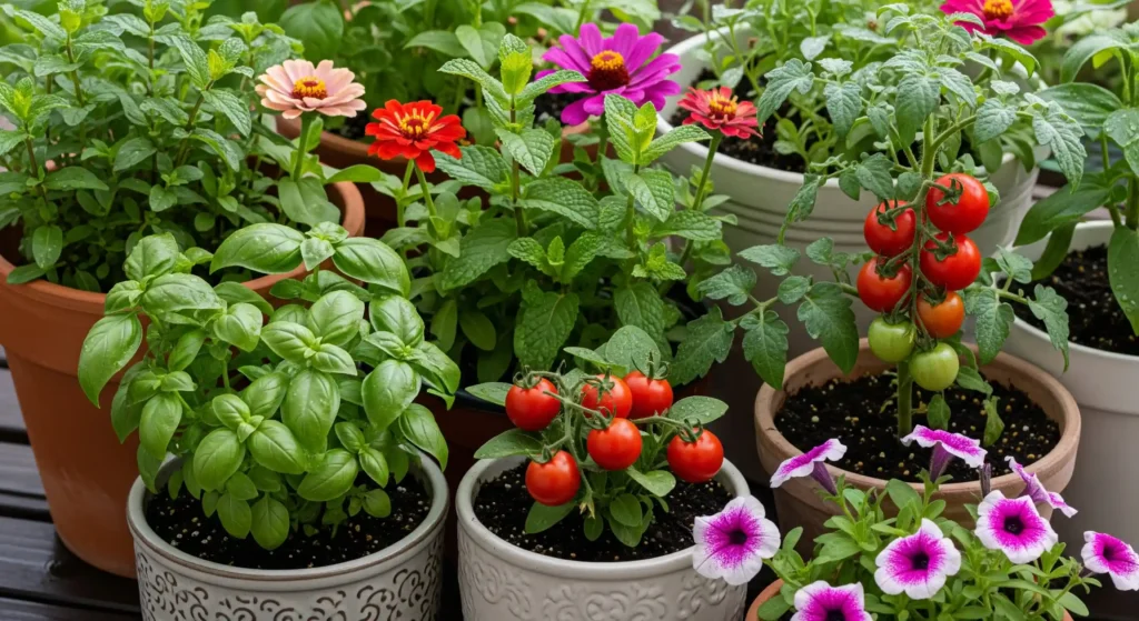 A vibrant collection of beginner-friendly plants like herbs and flowers thriving in various containers, perfect for novice gardeners.