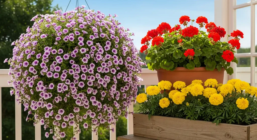 Top 20 Plants for Container Gardens: Thriving Vegetables, Herbs, and Flowers for Pots 3 A vibrant display of the best flowers for containers, with petunias, geraniums, and marigolds blooming profusely in pots and hanging baskets.