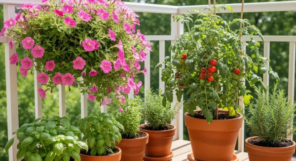 A beautiful balcony container garden with the best plants for pots, including tomatoes, flowers, and herbs thriving in the sun.