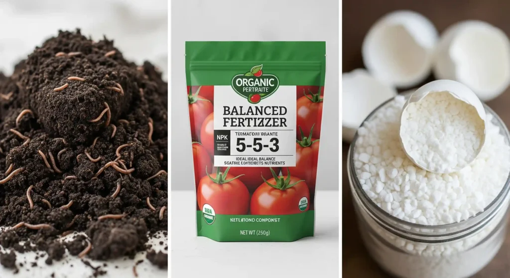 A collection of high-quality compost, balanced tomato fertilizer, and crushed eggshells for healthy tomato plants.