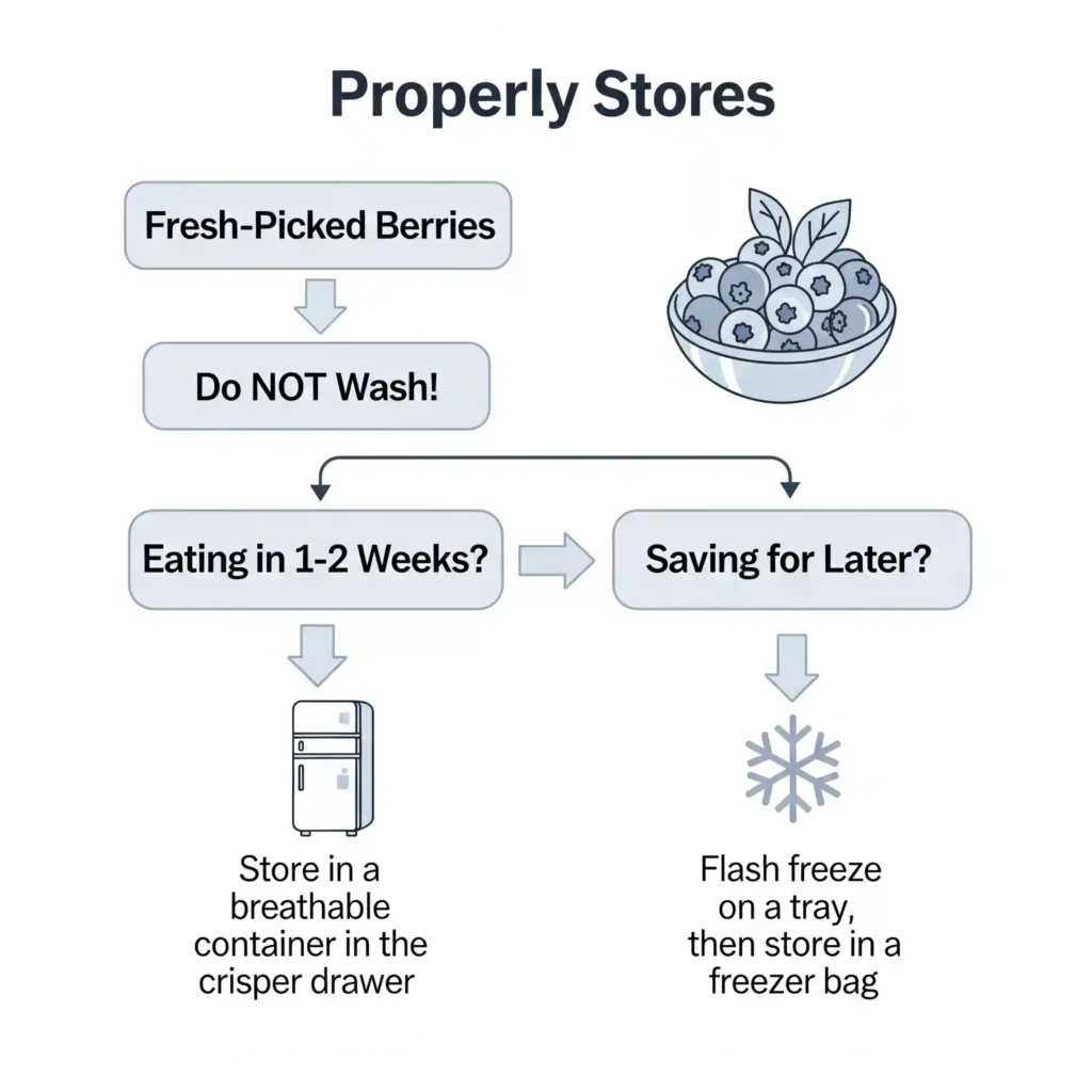A flowchart titled "Properly Stores" demonstrating how to store fresh blueberries. The chart begins at the top with a box labeled "Fresh-Picked Berries," with an arrow pointing down to a box that emphatically states "Do NOT Wash!". From there, the path splits into two options. The path on the left is labeled "Eating in 1-2 Weeks?" and points down to an illustration of a refrigerator with the text "Store in a breathable container in the crisper drawer." The path on the right is labeled "Saving for Later?" and points down to an illustration of a snowflake with the text "Flash freeze on a tray, then store in a freezer bag." To the right of the title, there is an illustration of a bowl full of fresh blueberries.