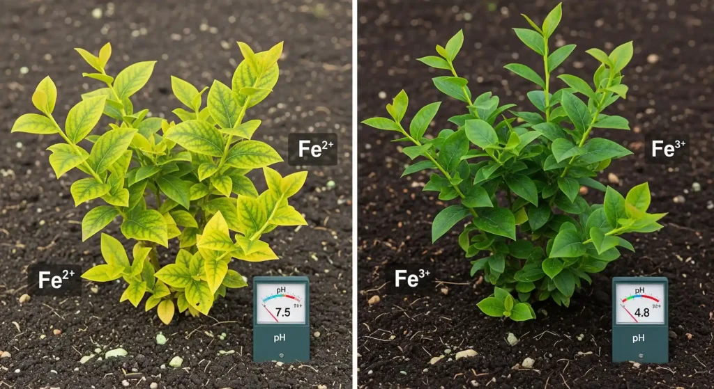 A Guide to Selecting the Right Blueberry Bush 3 Visual contrasting a blueberry plant with iron chlorosis in high pH soil versus a healthy plant in acidic soil.