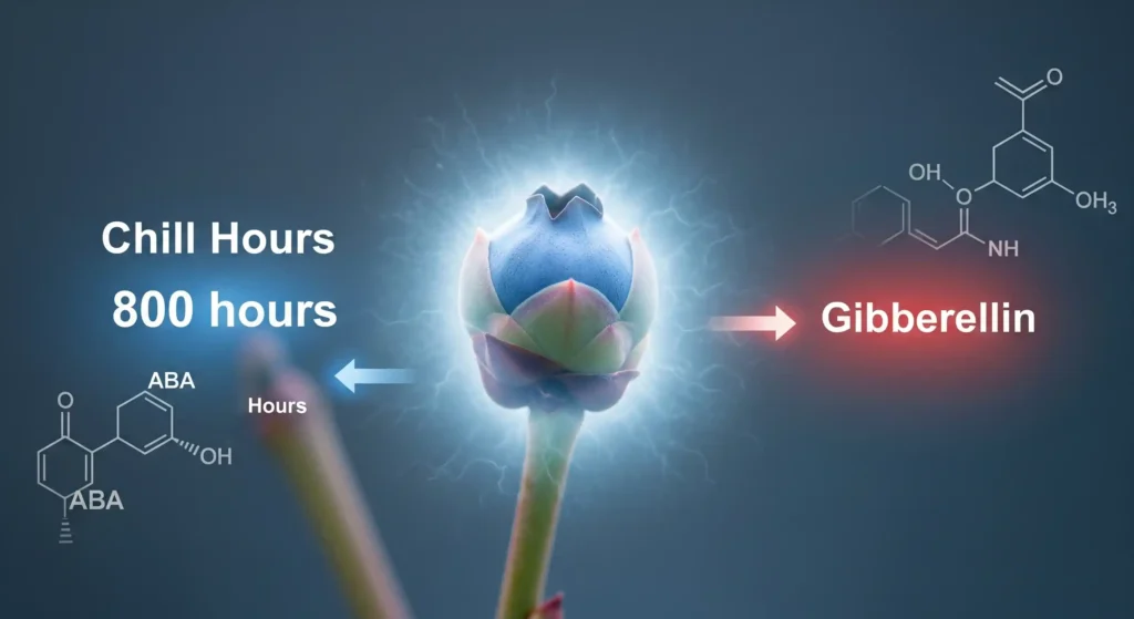 A Guide to Selecting the Right Blueberry Bush 1 Conceptual illustration of blueberry bud breaking dormancy through accumulating chill hours, dissolving growth-inhibiting hormones.