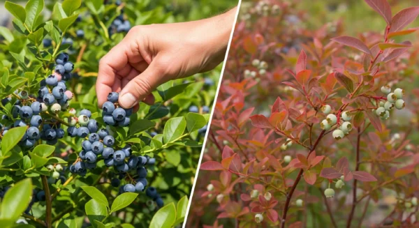 A vibrant blueberry bush with abundant ripe fruit contrasted with a struggling bush, illustrating the dream vs. reality of blueberry gardening which strongly depends on the right bush