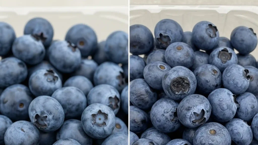 A comparative image illustrating the golden rule of blueberry storage. On the left, freshly picked, unwashed blueberries with their protective bloom are vibrant and firm in a breathable container, emphasizing optimal freshness. On the right, washed blueberries appear duller and show signs of moisture, highlighting the negative impact of premature washing. This visual serves as a critical pro-tip for extending the freshness of your blueberry harvest.