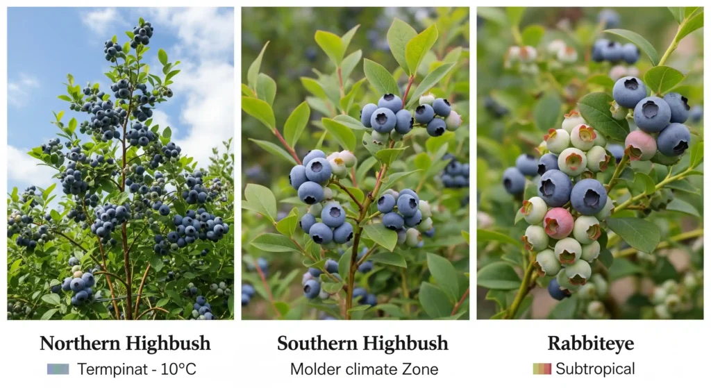 A Guide to Selecting the Right Blueberry Bush 2 Visual guide comparing Northern Highbush, Southern Highbush, and Rabbiteye blueberry varieties for different climate zones.