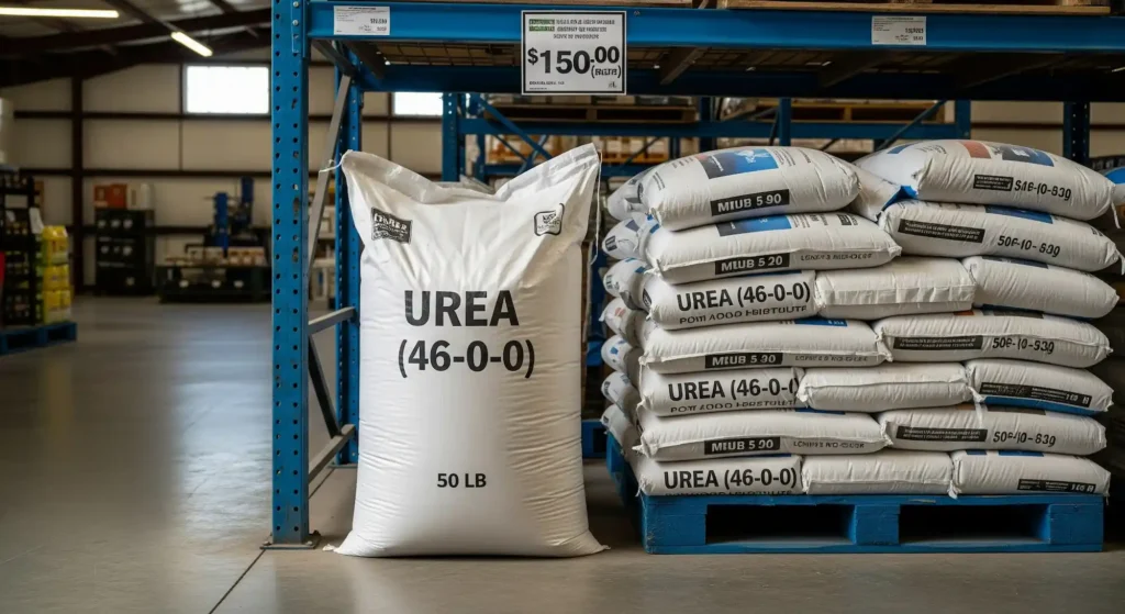 Your Lawn is Large. Your Budget is Not. This is the Smartest Way to Fertilize. 2 Large, plain 50-pound bags of bulk urea fertilizer (46-0-0) in a farm supply store, representing cost-effective buying.