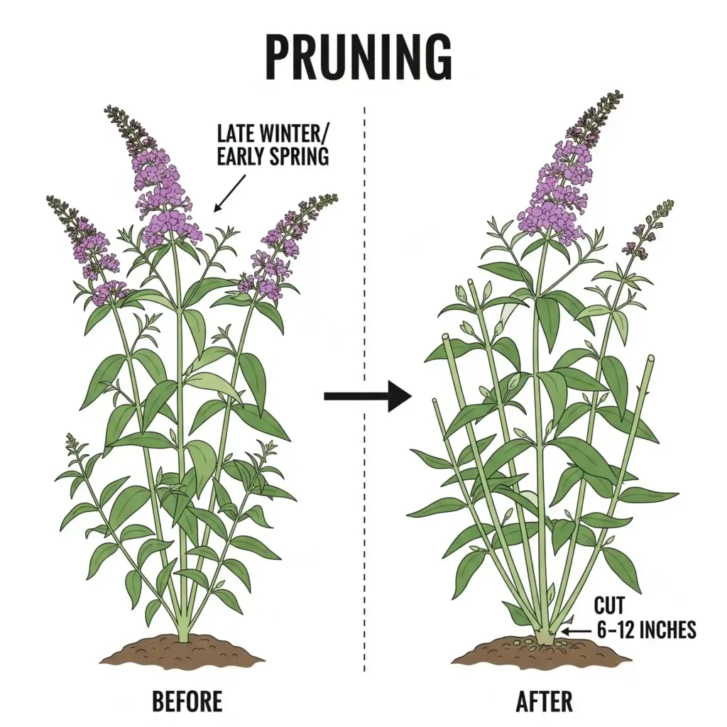 Want to Have a Lot of Butterflies in Your Garden? This shrub draws them in like a magnet and blooms till fall. 2 A simple graphic guiding gardeners on how to properly prune a butterfly bush. The illustration displays a "before" view of an established Buddleja davidii with long, woody stems, and an "after" view showing the plant severely cut back to a height of 6 to 12 inches from the ground. Clear textual labels and arrows indicate the optimal time for pruning (late winter to early spring, when new leaf buds appear) and the recommended cutting height. The graphic emphasizes cutting on "new wood" for optimal flowering and plant health, serving as a practical guide for butterfly bush care.