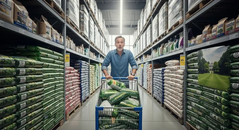 An eye-level, full shot captures a man with graying brown hair, a light skin tone, and a surprised expression, pushing a shopping cart overflowing with bags of green and white products down a brightly lit aisle of a large warehouse. The man appears to be in his late 40s or early 50s and has short, neatly styled hair with gray at the temples. His eyes are wide, and his mouth is slightly open while he is searching for the cheapest way to fertilize larg lawn. He is wearing a light blue denim long-sleeved shirt, the sleeves rolled up to his forearms, and a watch on his left wrist.