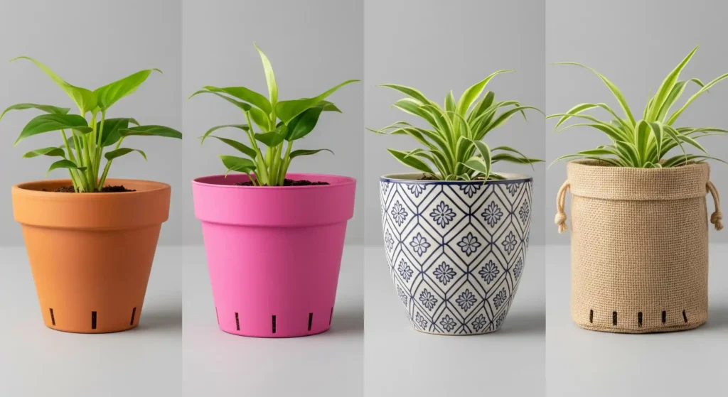 A selection of different plant pot materials like terracotta, plastic, and fabric, highlighting considerations for choosing pots for container gardening.