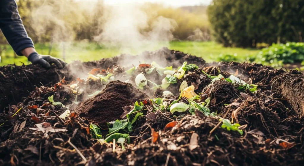 Close-up of a well-balanced compost pile containing coffee grounds, leaves, and kitchen scraps.