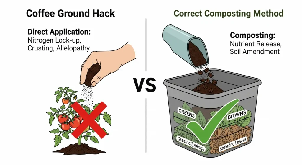 Diagram contrasting direct coffee ground application on tomatoes with composting for soil benefits.