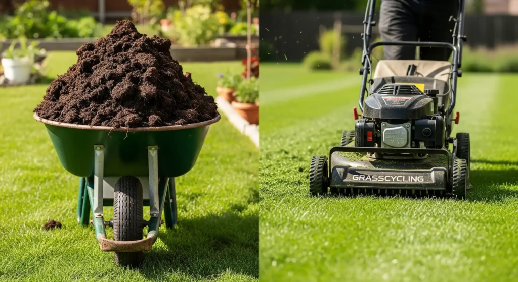 Your Lawn is Large. Your Budget is Not. This is the Smartest Way to Fertilize. 3 Composted manure in a wheelbarrow and grass clippings left on a lawn, representing natural and free lawn fertilization methods.