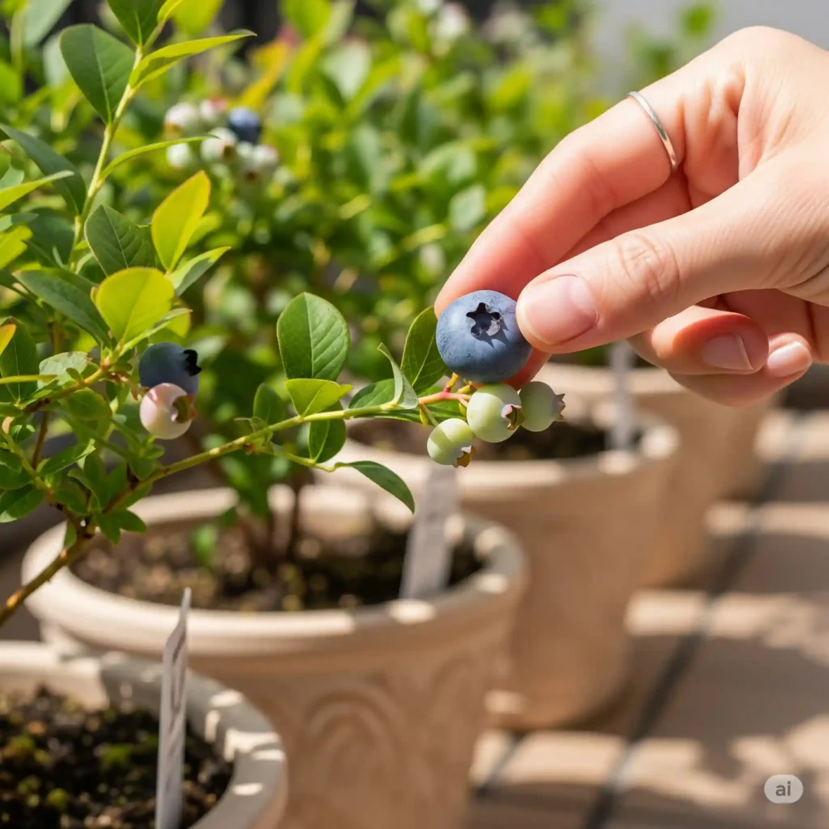 A delightful close-up image showing a hand harvesting a perfectly ripe blueberry from a vibrant bush. The berry, displaying its characteristic silvery bloom, is grown in a container on a sunny patio, illustrating the ease and joy of growing blueberries in containers. This visual highlights the rewarding experience of fresh, homegrown fruit, even in limited spaces like balconies or small yards, making blueberry cultivation accessible to everyone.