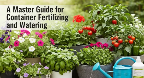 A vibrant cover image for an article on container gardening, showcasing healthy container plants and the tools for fertilizing and watering.