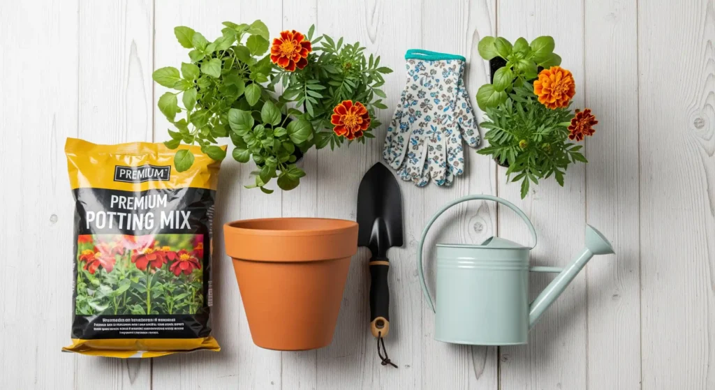 Essential tools for a container gardening starter kit, including a pot, potting mix, trowel, and watering can, neatly arranged.