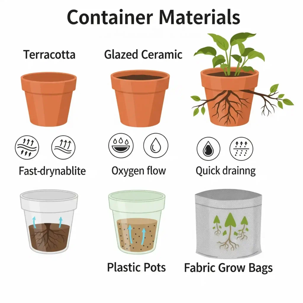 An informative graphic comparing common container materials in gardening, including terracotta, glazed ceramic, plastic, and fabric grow bags. Each material is visually represented with icons highlighting its specific benefits (e.g., excellent breathability, superior moisture retention) and drawbacks (e.g., rapid drying, poor aeration), providing a scientific breakdown of how each impacts soil temperature, moisture, and root health for container-grown plants.