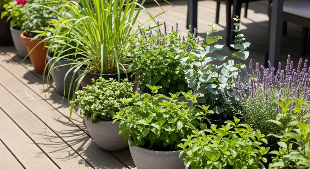 Enjoy Your Patio in Peace: The Surprising Plants That Tell Bees to Buzz 3 Strategically placed containers of bee-deterring plants forming an "aromatic fence" around an outdoor seating area.