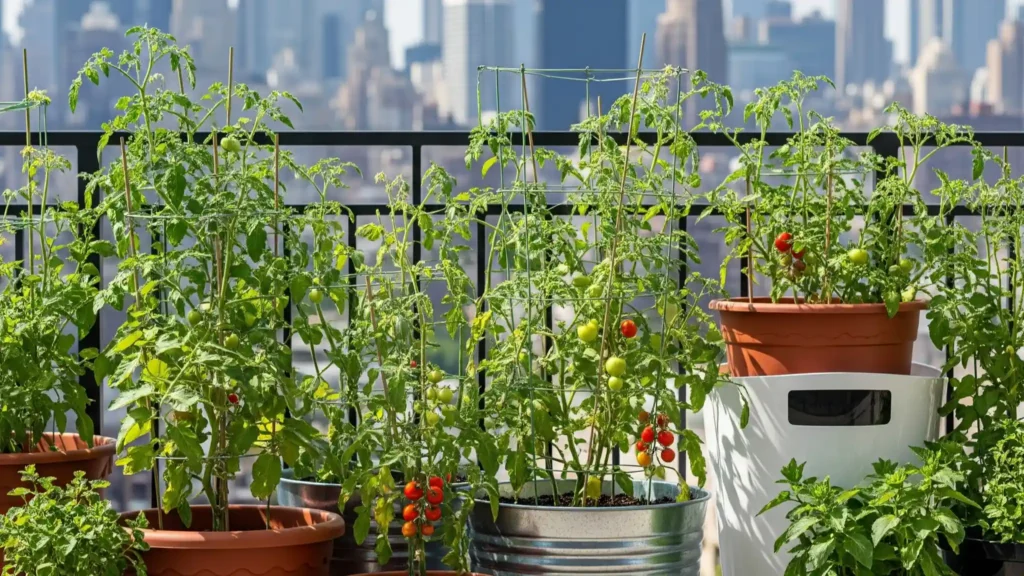 Ground or Pots Tomatoes Selecting for Your Best Harvest: Strategies 3 A vibrant urban balcony garden scene showcasing thriving tomato plants growing in various large containers. Healthy foliage and small ripe fruits are visible, demonstrating the success of container gardening for tomatoes in limited spaces like patios or decks, providing a fresh harvest even in an urban setting.