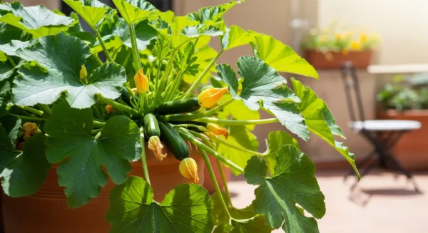 A vibrant zucchini plant thriving in a large container on a sunny balcony, showing abundant fruit.