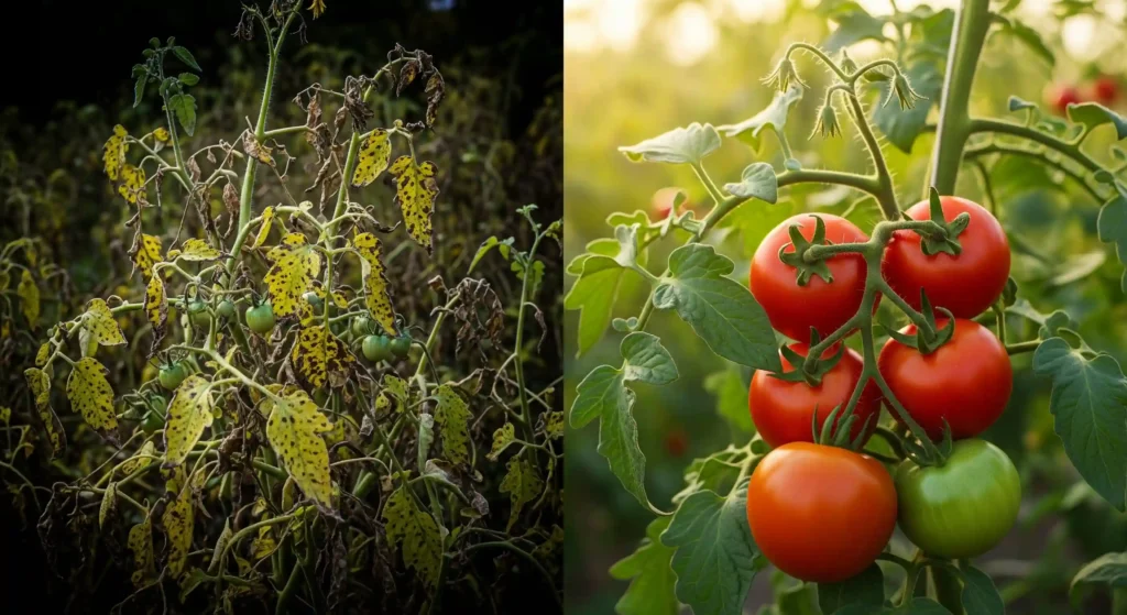 A detailed comparison image showing the effects of tomato plant spacing. On the left, several tomato plants are crowded together, resulting in yellow leaves with brown spots, a sign of fungal disease. These cramped tomatoes are leggy and have scarce, small green fruit, overshadowed and struggling for light. On the right, a single, perfectly healthy indeterminate tomato plant stands in bright sunlight with plenty of room, featuring lush green foliage, a robust main stem, and clusters of large, ripe red tomatoes, demonstrating the benefits of correct spacing.