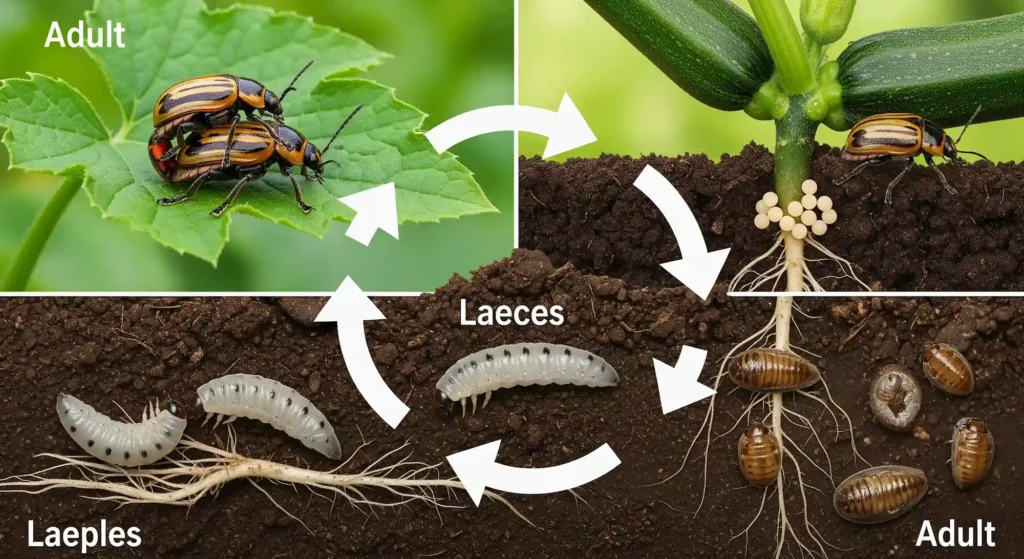 Diagram illustrating the complete life cycle of the cucumber beetle, from egg to adult.