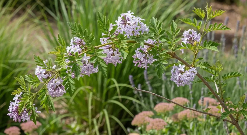 Cutleaf and "Palibin" Lilacs: The Best Way to Grow These One-of-a-Kind Flowers! 1 A horizontal, eye-level shot focuses on a graceful, arching branch of Syringa × laciniata, commonly known as the Cut-leaf Lilac, adorned with its distinctive foliage and numerous clusters of pale lavender flowers. The bright green leaves are deeply dissected and finely lobed, creating an airy, fern-like texture along the stem. Small, tubular, four-petaled flowers, ranging from light lavender to a soft purple, are tightly grouped into rounded panicles that are densely packed along the branch. In the softly blurred background, vibrant green ornamental grasses rise to the left, while hints of other garden plants, including possibly a blooming Sedum (stonecrop) with muted pinkish-brown flower heads and a touch of lavender, are visible towards the right. The natural lighting highlights the delicate details and fresh colors of the plant, suggesting a sunny spring or early summer garden setting.
