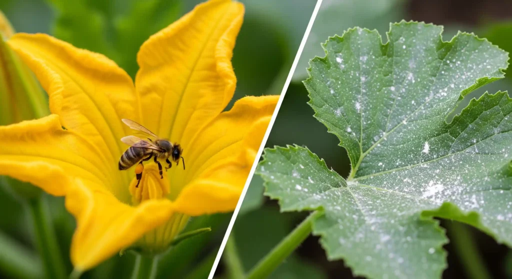 Zucchini flower with a pollinating bee contrasted with a DE-dusted leaf, demonstrating safe application practices.
